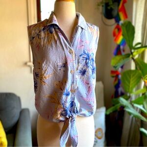 Bill Blass Jeanswear Women's 100% Pure Silk Blue & Cream Floral Blouse Large